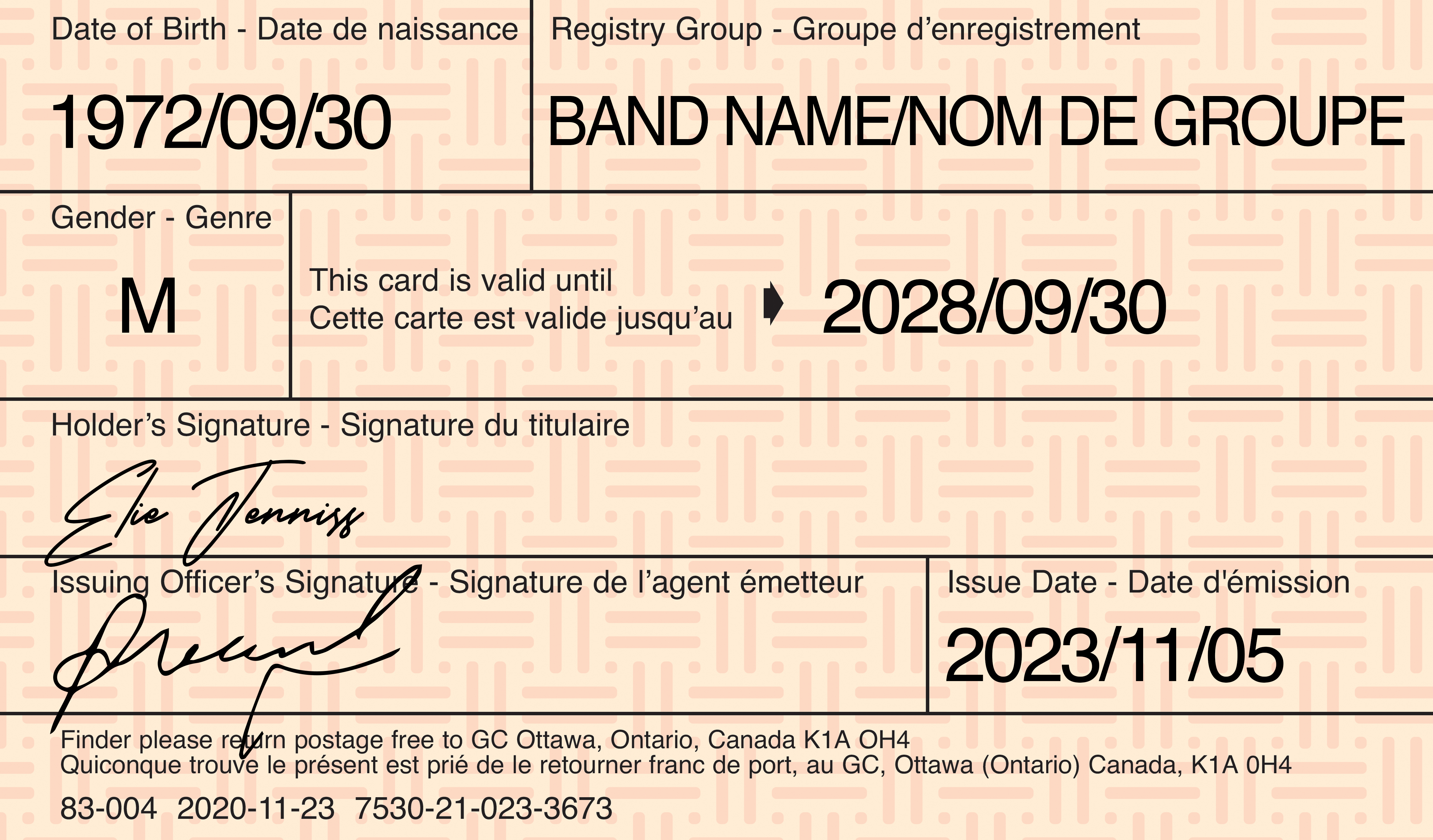 Image du verso d'un certificat de statut d'Indien (CSI)