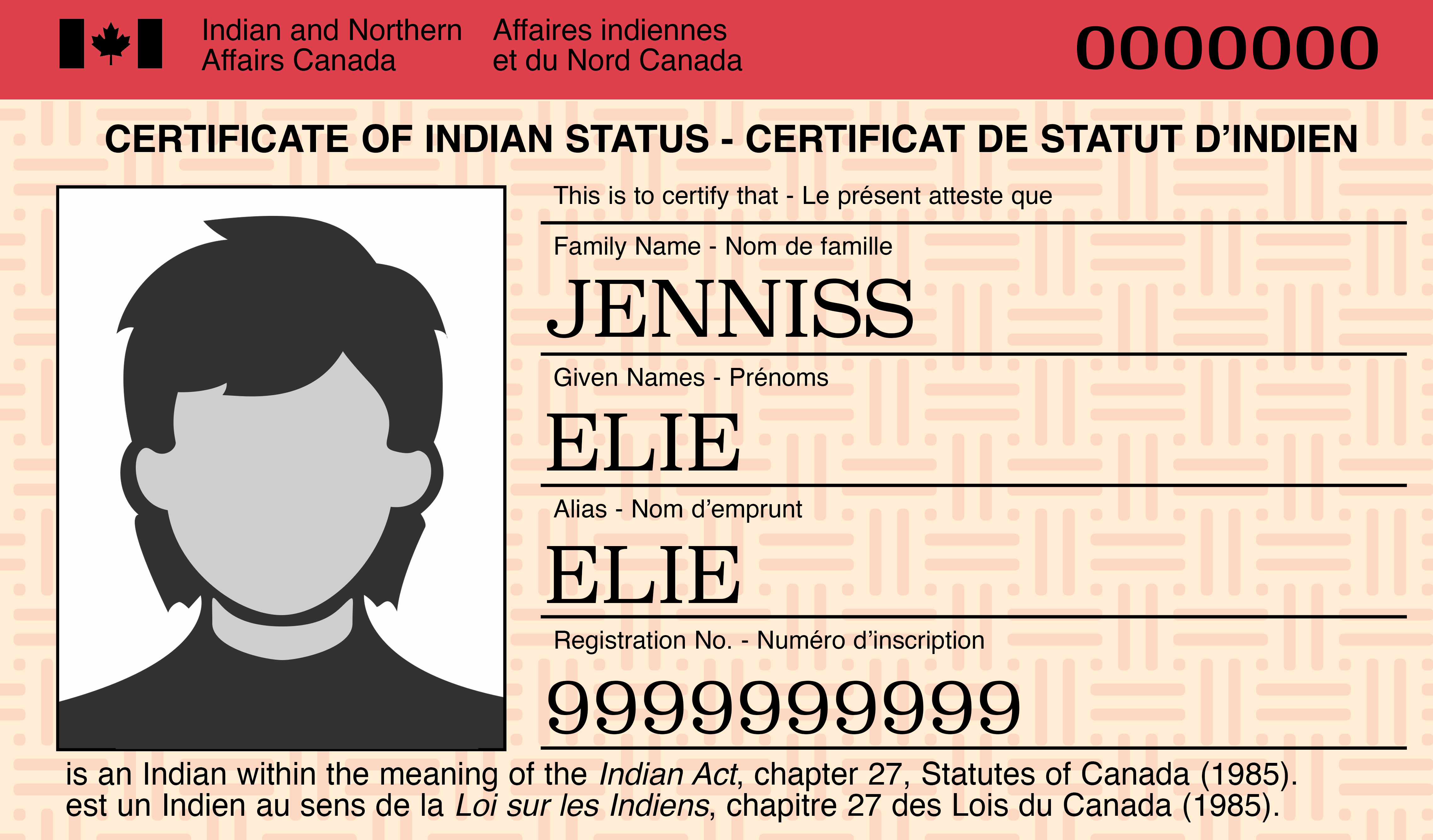 Image du verso d'un certificat de statut d'Indien (CSI)