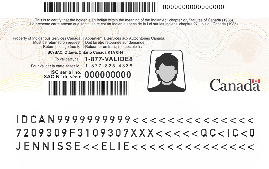 Image du verso d'un certificat sécurisé de statut d'Indien (CSSI)