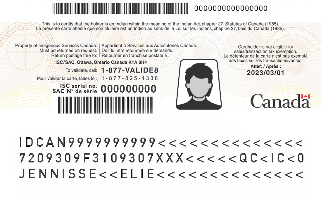 Image du verso d'un certificat sécurisé de statut d'Indien (CSSI)