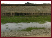 Matériaux de remblayage appliqués en couches minces, avec une clôture anti-érosion à la base du remblai. Le gazon est conservé au bord de la zone de drainage.