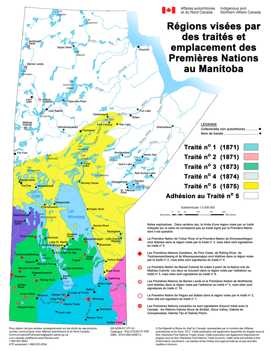 R&eacute;gions vis&eacute;es par des trait&eacute;s et emplacement des Premi&egrave;res Nations au Manitoba